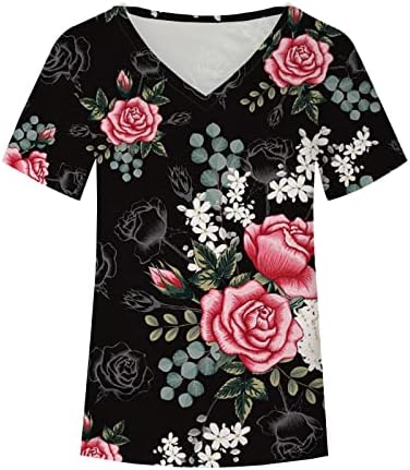 Tee feminino verão outono 2023 Manga curta V Casco de algodão de algodão impressão de flores de flor top