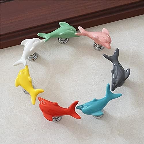 Botões coloridos de golfinhos, maçaneta de gaveta de cerâmica puxa crianças, alça de cômoda