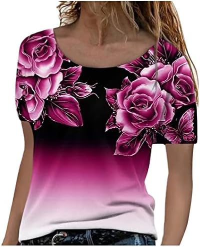 Camisa superior para garotas adolescentes 2023 gradiente de tripulação de manga curta Rose Floral Graphic Fit