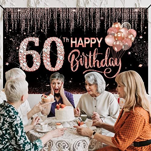 Feliz 60º aniversário decorações de bandeira para mulheres, Rose Gold Birthday Birthday Birthday Sign Sign