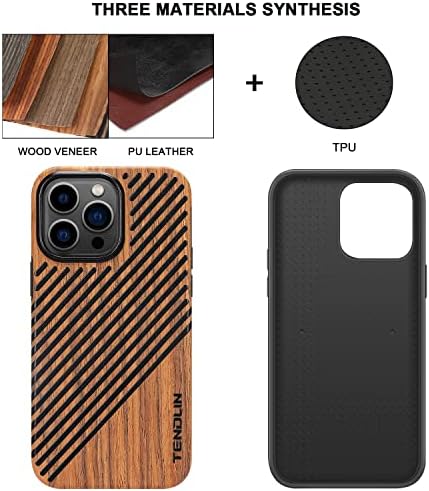 Tendlin Compatível com o iPhone 14 Pro Max Case Wood Grain com couro de design externo TPU Case Hybrid