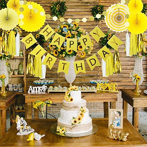 Decoração de festa de aniversário amarela - 6 fãs suspensos e banner de aniversário e círculo decorativo Garland