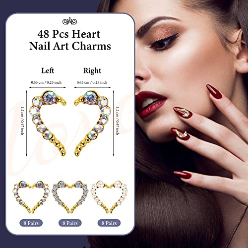 Noverlife 48pcs 3d Heart Nail Art Charms, half -for Heart Unhas Feitros com strassimes e pérolas, 24