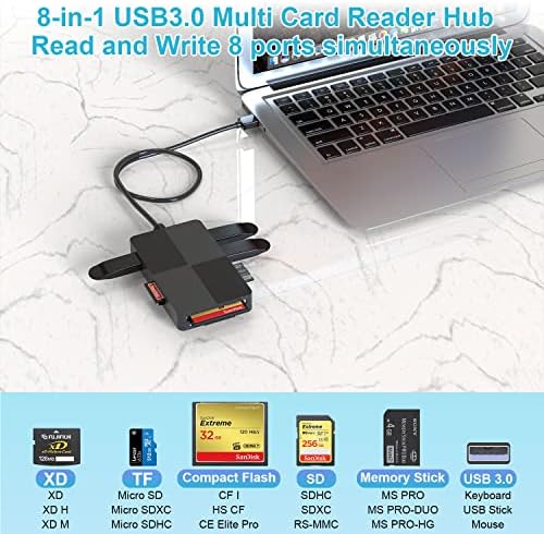 Leitor de vários cartões USB 3.0 para PC, XD Card Card Reader Adaptador USB com slots de 5 cartões e 3 USB3.0