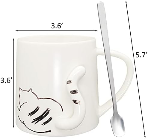 Caneca de café de gato com tampa e colher de aço inoxidável, xícaras de chá de gato de cerâmica branca