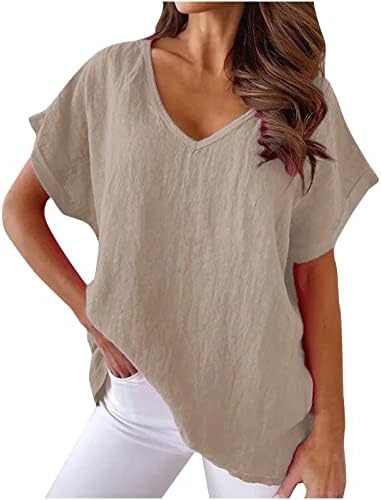Camiseta casual lisa de comigeewa para senhoras de verão outono de manga curta linho vneck linear side blusa
