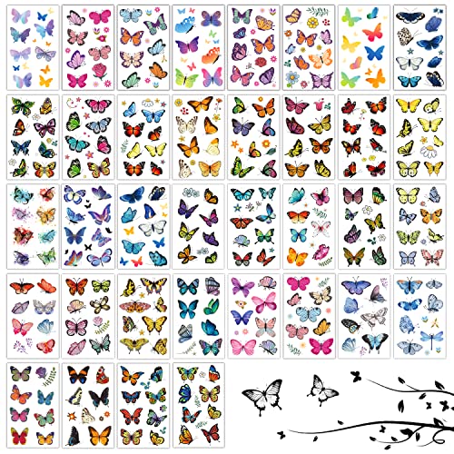 Cerlaza 72 lençóis tatuagens de borboleta temporária para meninas mulheres crianças, tatuagens de borboleta