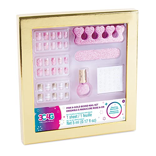 Três aplausos para garotas - Conjunto de unhas em caixa rosa e dourado - Kit de unhas e esmalte para meninas