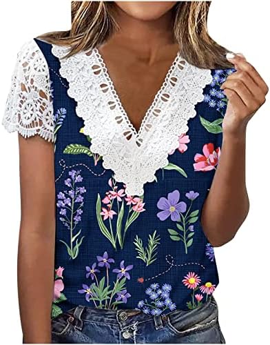 Tampas elegantes de verão para feminino de renda vin -pescoço blusa floral estampado de manga curta camiseta