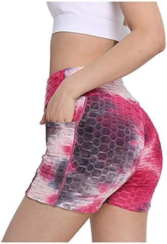 Shorts de motociclista de ioga para mulheres com bolsos levantando altas cintura esportiva shorts alongados