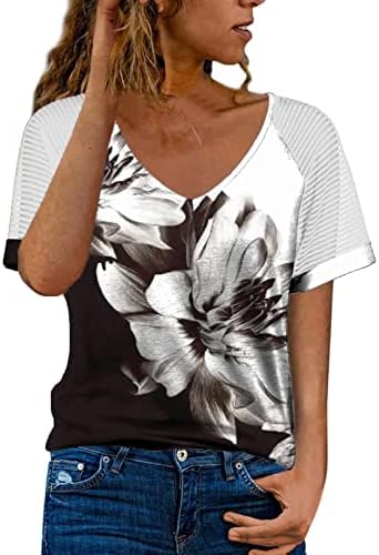 Tamas para mulheres 2023 Summer Casual Mesh Mesh curta Impressão Top solta Vis de camisa de pescoço V