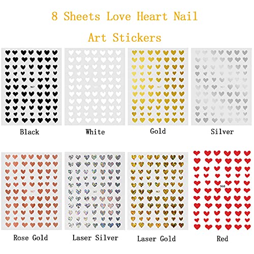 8 lençóis adesivos de arte de unhas de coração com 8 lençóis adesivos de arte na unha