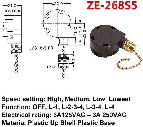 Interruptor do ventilador de teto Zing Ear ze-268s5, 4 velocidades 5 interruptor de arame TETOMENT LIGHT SPELE