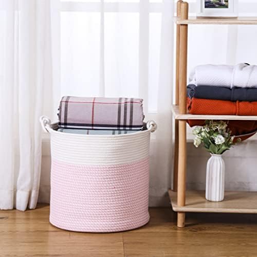 Cesta de armazenamento rosa com alça, 15x15x13,8 polegada de tecido de corda de algodão, cesto de lavanderia