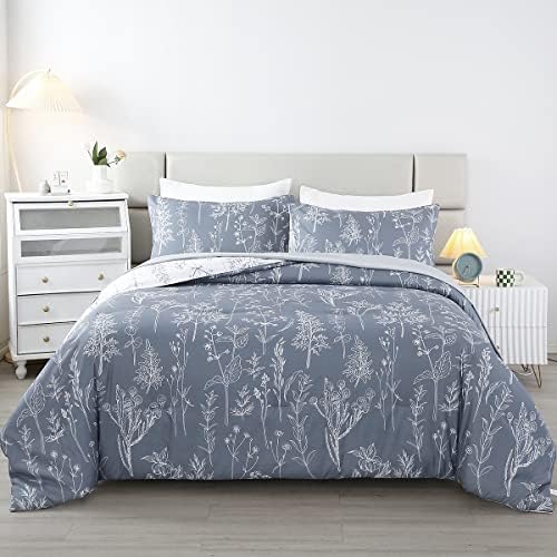 Urbonur Grey Queen Consold Conjunto de 5 peças, cama de estampa floral planta em uma cama queen