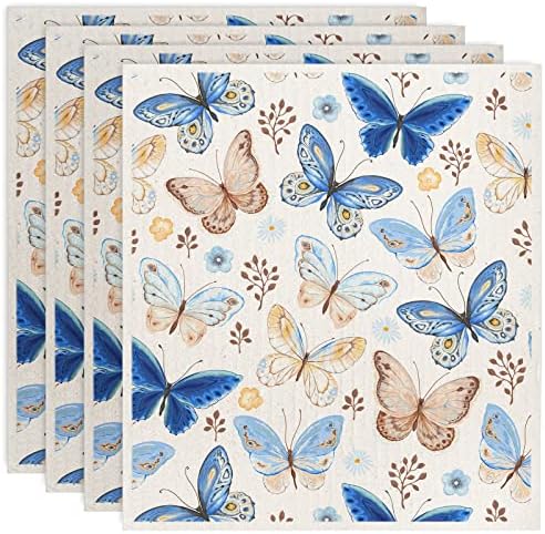 AnyDesign Butterfly Cozinha sueca Cozinha de piloto vintage Primavera de algodão de algodão Toalha de cozinha de cozinha Aquarela Butterflies reutilizável pano de prato de limpeza decorativa para casa de casa, 4pcs, 7 x 8 polegadas