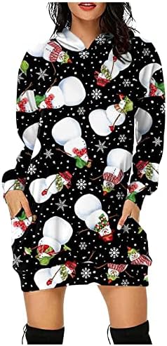Vestido de natal Nokmopo para mulheres moda casual impressão de Natal bolso de manga longa com capuz