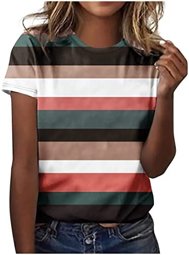 Camisa gráfica colorblock para feminino verão outono de manga curta pescoço de penas listradas tshirt