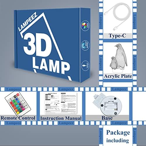 LAMPEEZ PENGUIN GEST, Penguin 3D Night Light for Kids, 16 cores Mudança de lâmpada de ilusão com controle