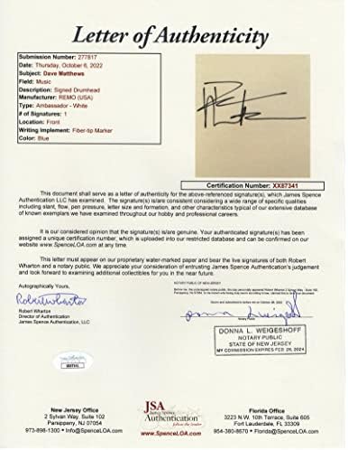 Dave Matthews assinou o Autograph 14 Drumhead - James Spence Letter of Authenticity JSA Coa - Dave