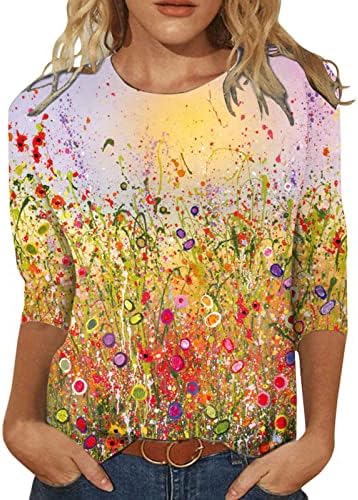 Spandex Tee feminino Casual Tops de verão Floral Três quartos de manga redonda camiseta camiseta estampada