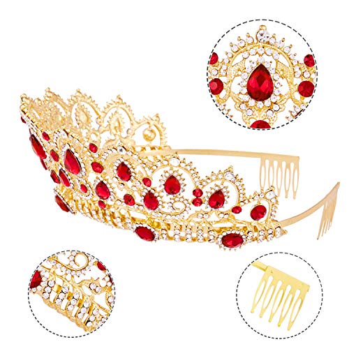 Tiara, Vofler Gold Crown Barroce Vintage Crystal Crystal Red Strass rubi jóias para mulheres que rainha