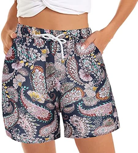 Shorts de verão feminino de alta cintura elástica de estampa floral shorts shorts de cordão da