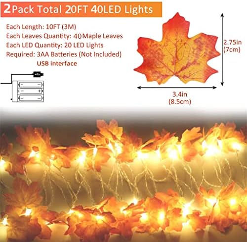 OJC 2 pacote decoração de outono folhas de outono Luzes de outono, Toltal 20 pés 40led para decoração de outono
