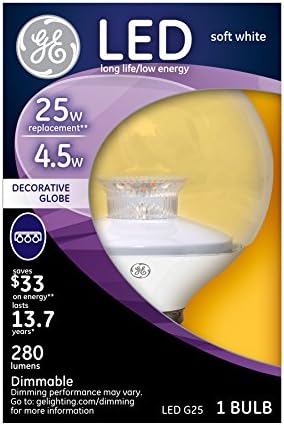 Iluminação GE 20003 LED de 4,5 watts e 280 lúmen lâmpada G25 com base média, branca macia transparente,