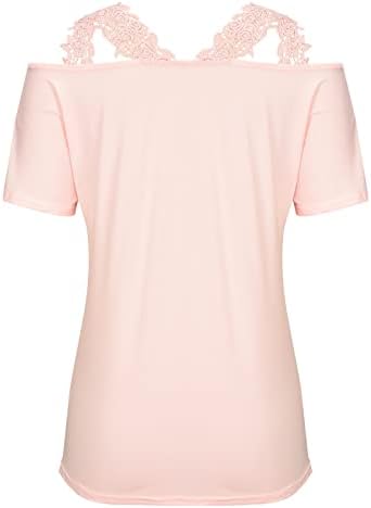 Camiseta de manga curta para meninas 2023 ombro floral ombro frio v renda de pescoço casual de retalhos