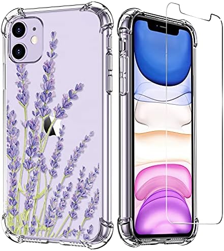 Luxveer iPhone 11 capa com protetor de tela de vidro temperado, padrão floral de flores na tampa de TPU