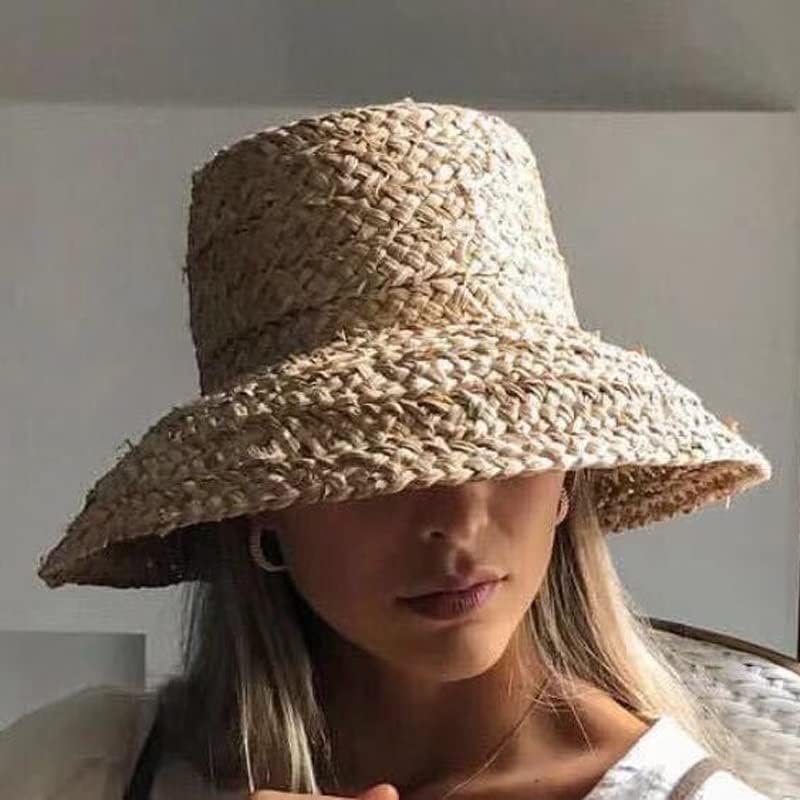 ZSEDP Mulheres largas brim raffia chapéu de férias chapéus de praia chapéu de verão chapéu de balde chapéu