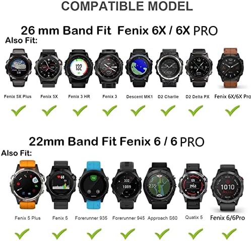 Bholsa Fit Quick Fit Stonless Watch Band 22 26mm para Garmin Fenix ​​5 5x 6 6XPro 3HR/Solar/Enduro/Descent