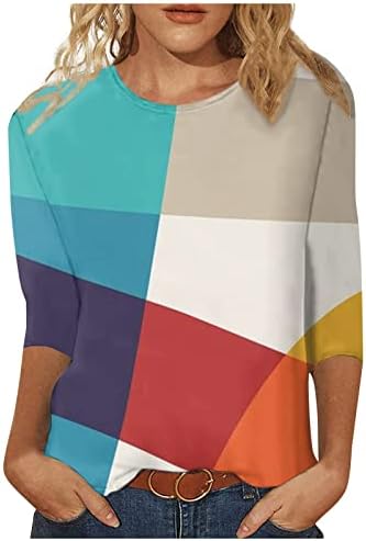 Mulheres longas mulheres de três quartos de manga camiseta geométrica de bloqueio de cores de impressão