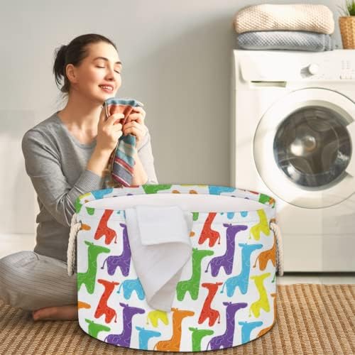 Colorido desenho animado girafa grandes cestas redondas para cestas de lavanderia de armazenamento com alças