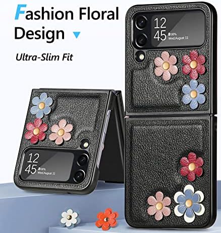 Viaotaily Samsung Galaxy Z Flip 4 5G Caso, Caixa Fonosa Z Flip 4 Para Meninas Mulheres, Design de Couro de Flores, Tampa Protetora Anti-Drop Ultra Fin