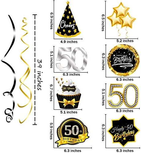 50 Aniversário Decoração teto pendurado redemoinhos prateados pretos e dourados, feliz aniversário de 50 anos
