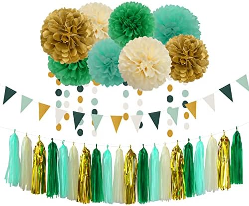 Sage-Green-Green-Gold-Gold Baby Bridal-Shower Decorações-30pcs Pom Pom Pom Pom Pom, bandeira de guirlanda,