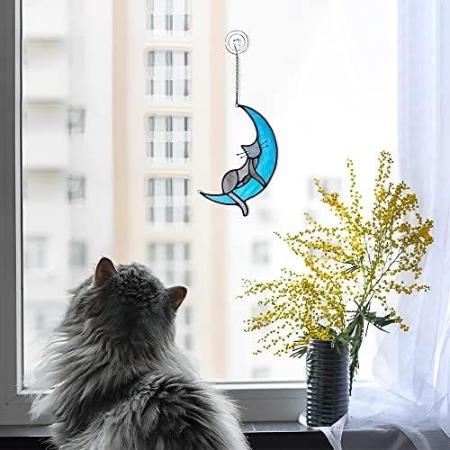 Eponology Cat On Moon Cat Gifts Para amantes de gatos, colorido de vidro para vitrais para gatos para presentes
