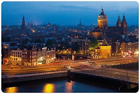 Ambsosonne City Pet Tapete para comida e água, vista noturna do famoso marco de Amsterdã, arquitetura