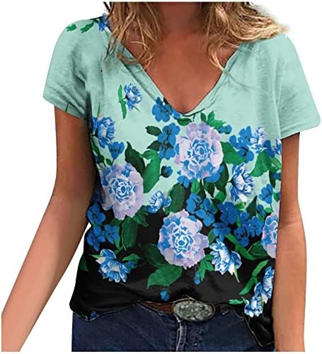 Blusas de manga curta para mulheres outono verão vneck spandex flor de flores gráficas de camisetas adolescentes