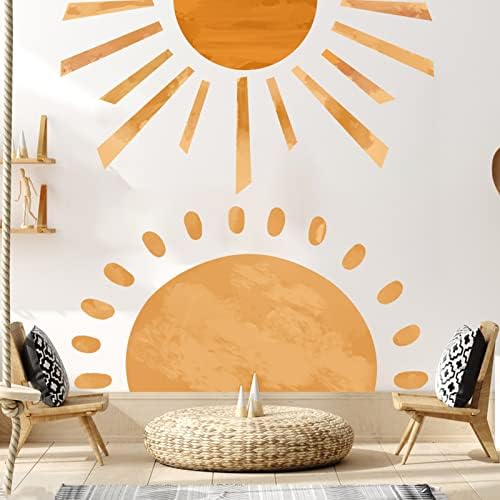 2 PCs Big Boho Half Decalques de parede solar descasque e vara, Oppro grande aquarela Boho Solshine Vinyl Stickers,
