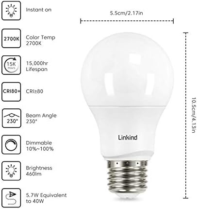 Lâmpadas LED de LED de Linkind Dimmable A19, 5,7W 460 lúmens de 40 watts equivalente e 9,5w 800 lúmens 60 watts
