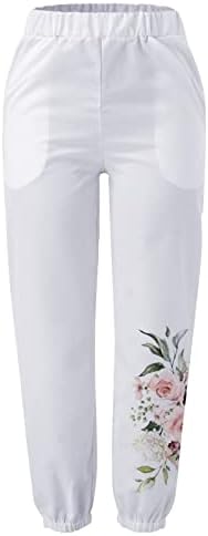 Calça de linho para mulheres impressão de borboleta relaxada capris calças elásticas cintura solta calças de perna