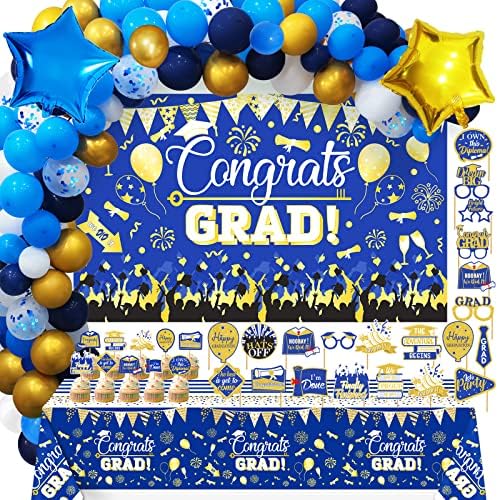 Decorações de graduação Classe de 2023 decorações de graduação em azul e ouro 2023 Parabéns Banner de graduação