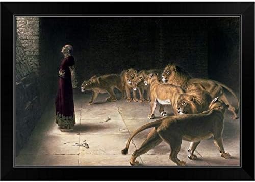 Canvas On Demand Daniel no Lions Den, Mezzotint Black Framed Art Print, Arte de Leão