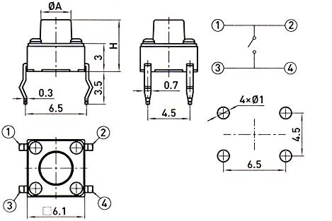 BAOMAIN PCB MOMPENTE MONTOMEIRO TACT TACT Pressionamento interruptor de 4 pinos DIP ROHS 180GF 6x6x6mm 100pack