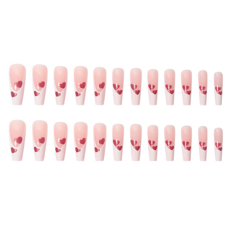 Doubnine Long Coffin Pressione Pressione as unhas Pink Sweet Heart French Tip acrílico Falso unhas com cola gradiente