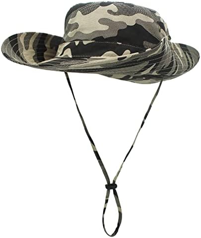 Camuflagem algodão largo Sol chapéu, UPF 50+ Proteção UV Bucket respirável com cinta de queixo ajustável