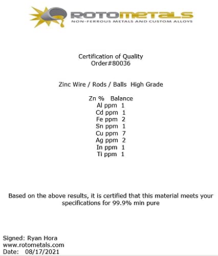Fio de zinco 99,9% puro 0,125 polegada diâmetro 3 pés